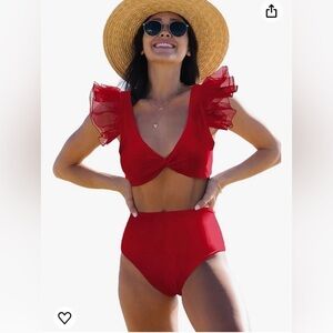 Women High Waisted Swimsuit tulle bow Bikini Twist Front‎ Bathing Suit XL